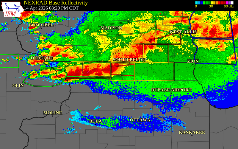 NEXRAD radar during the Tuesday, April 14, 2026 storm activity in Winnebago County, Illinois