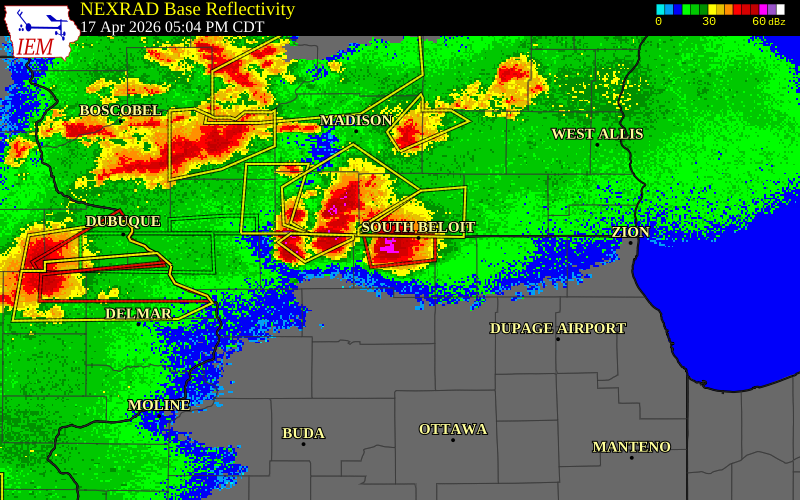 NEXRAD radar during the Friday, April 17, 2026 storm activity in Winnebago County, Illinois
