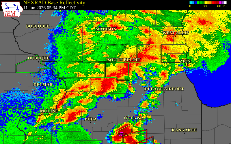 NEXRAD radar during the Thursday, June 11, 2026 storm activity in Winnebago County, Illinois