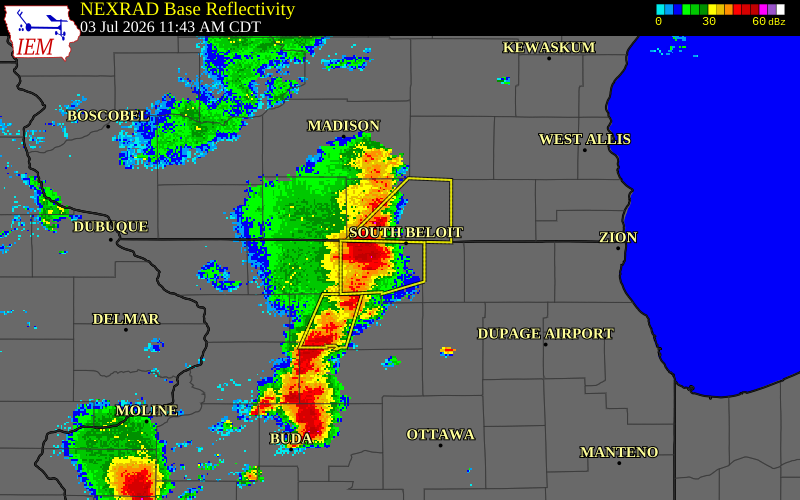 NEXRAD radar during the Friday, July 3, 2026 storm activity in Winnebago County, Illinois