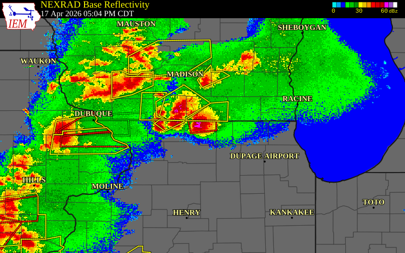 Radar snapshot during the Apr 17, 2026 tornado event near 3 ESE Shirland, Winnebago County, Illinois, with NWS warning polygons