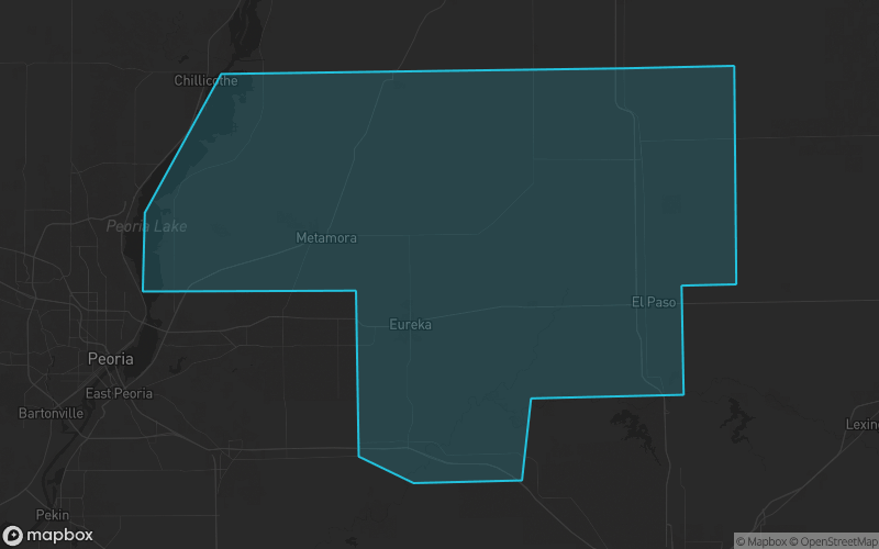 Map of Woodford County, Illinois showing the county boundary and surrounding cities