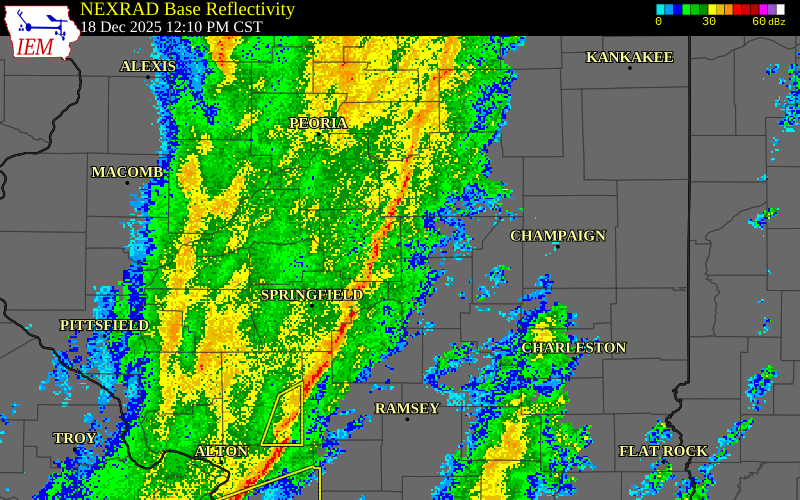 NEXRAD radar during the Thursday, December 18, 2025 storm activity in Woodford County, Illinois