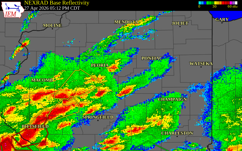 NEXRAD radar during the Monday, April 27, 2026 storm activity in Woodford County, Illinois