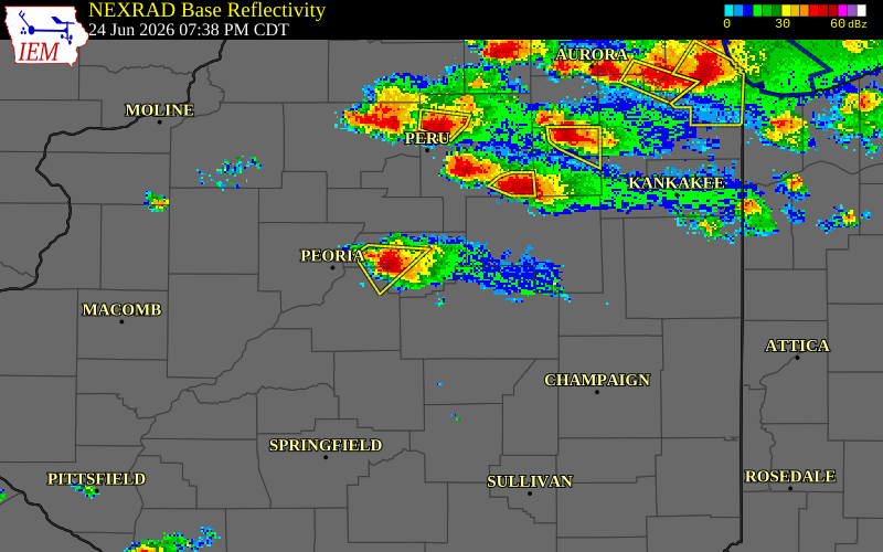 NEXRAD radar during the Wednesday, June 24, 2026 storm activity in Woodford County, Illinois