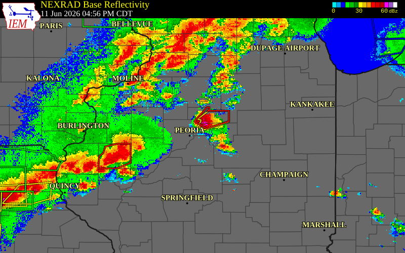 Radar snapshot during the Jun 11, 2026 tornado event near 4 E Rome, Woodford County, Illinois, with NWS warning polygons