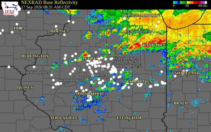 Current NEXRAD radar over Woodford County, Illinois with recent storm report locations