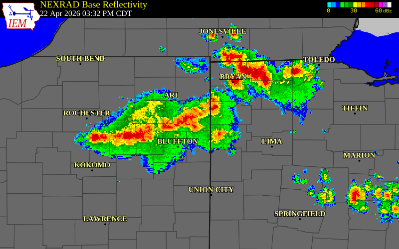 NEXRAD radar during the Wednesday, April 22, 2026 storm activity in Adams County, Indiana