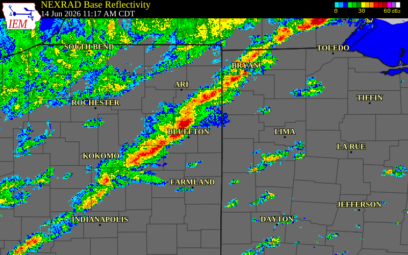 NEXRAD radar during the Sunday, June 14, 2026 storm activity in Adams County, Indiana