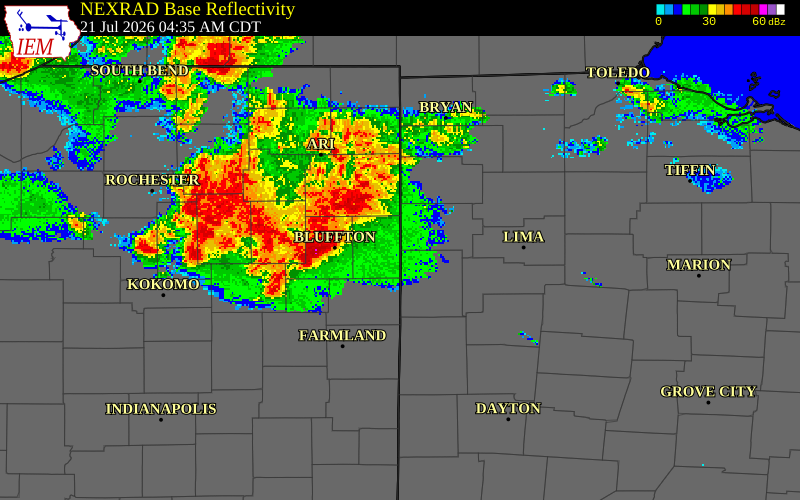 NEXRAD radar during the Tuesday, July 21, 2026 storm activity in Adams County, Indiana