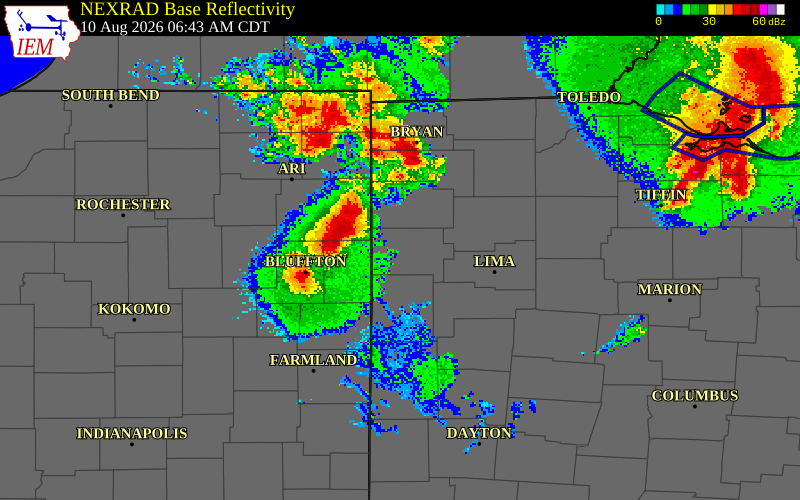 NEXRAD radar during the Monday, August 10, 2026 storm activity in Adams County, Indiana