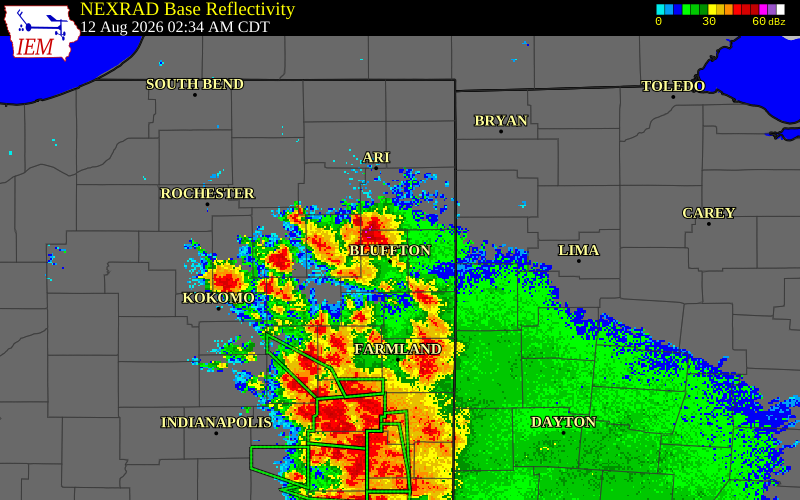 NEXRAD radar during the Wednesday, August 12, 2026 storm activity in Adams County, Indiana