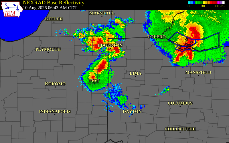 Radar snapshot during the Aug 10, 2026 hail event near Adams County, Adams County, Indiana, with NWS warning polygons