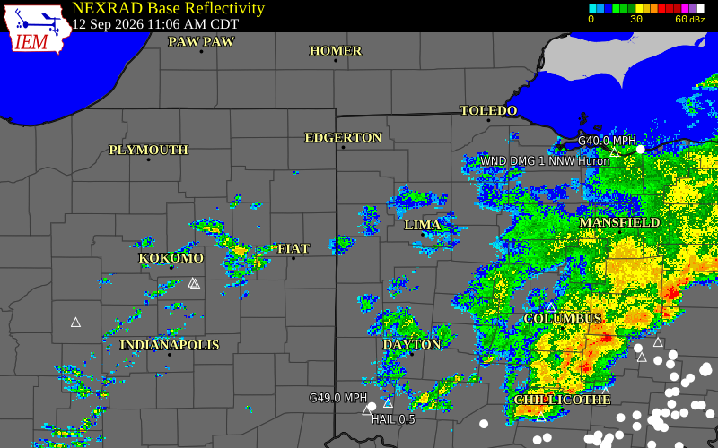 Current NEXRAD radar over Adams County, Indiana with recent storm report locations