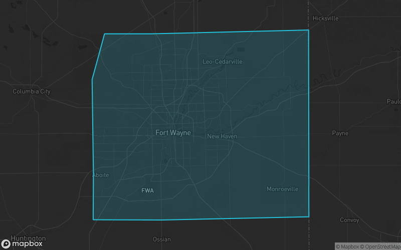 Map of Allen County, Indiana showing the county boundary and surrounding cities