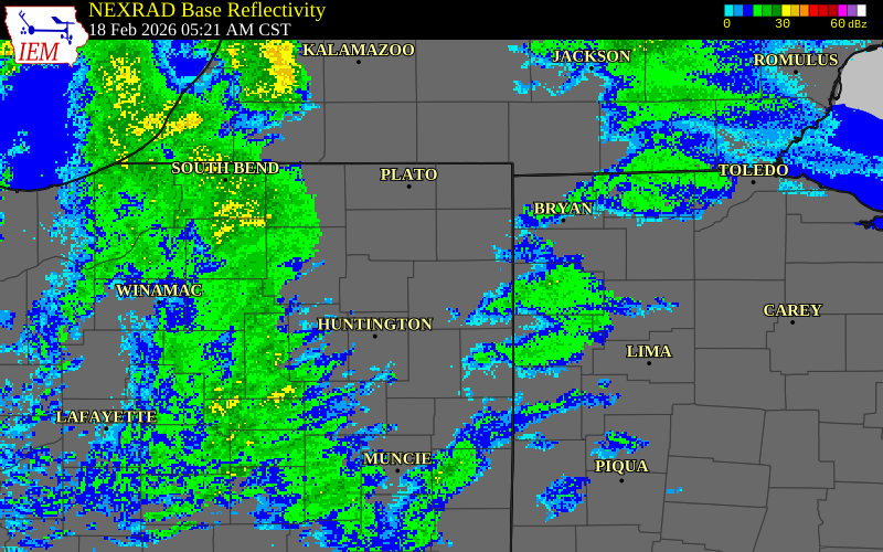 NEXRAD radar during the Wednesday, February 18, 2026 storm activity in Allen County, Indiana