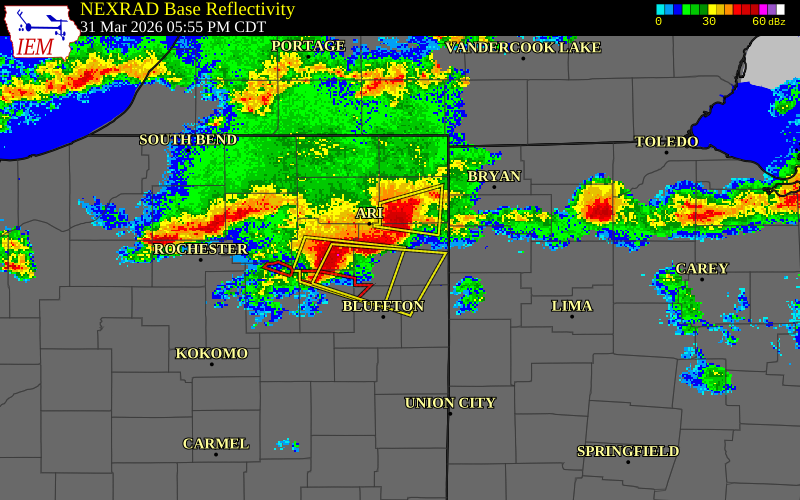 NEXRAD radar during the Tuesday, March 31, 2026 storm activity in Allen County, Indiana