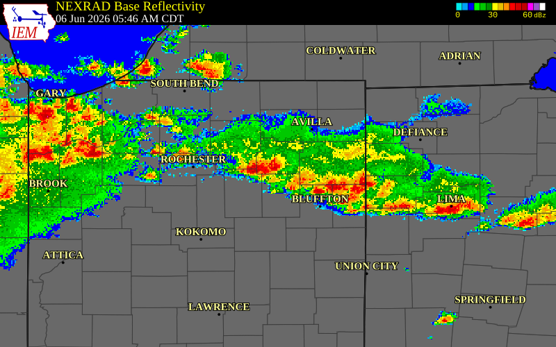 NEXRAD radar during the Saturday, June 6, 2026 storm activity in Allen County, Indiana