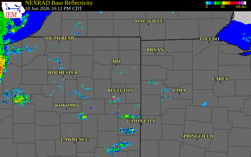 NEXRAD radar during the Wednesday, June 10, 2026 storm activity in Allen County, Indiana