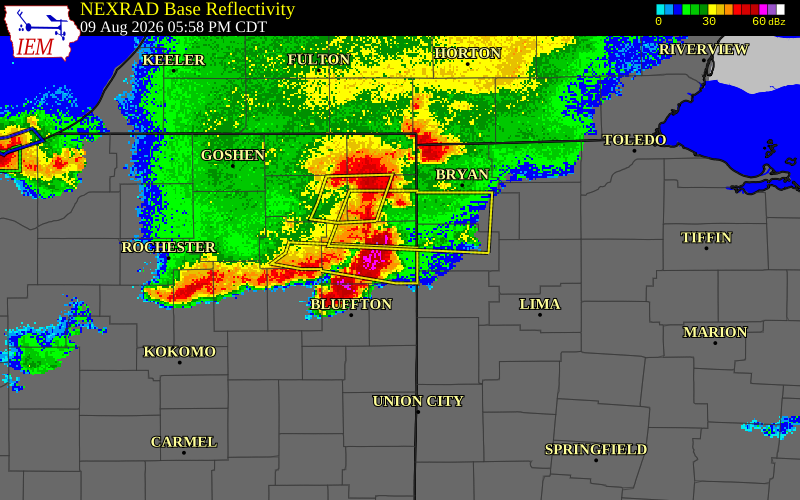 NEXRAD radar during the Sunday, August 9, 2026 storm activity in Allen County, Indiana