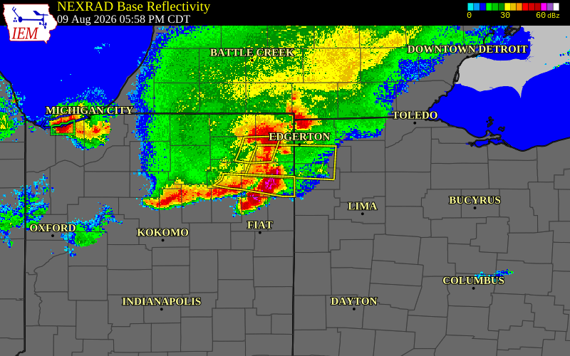 Radar snapshot during the Aug 9, 2026 hail event near 3 WSW Woodburn, Allen County, Indiana, with NWS warning polygons