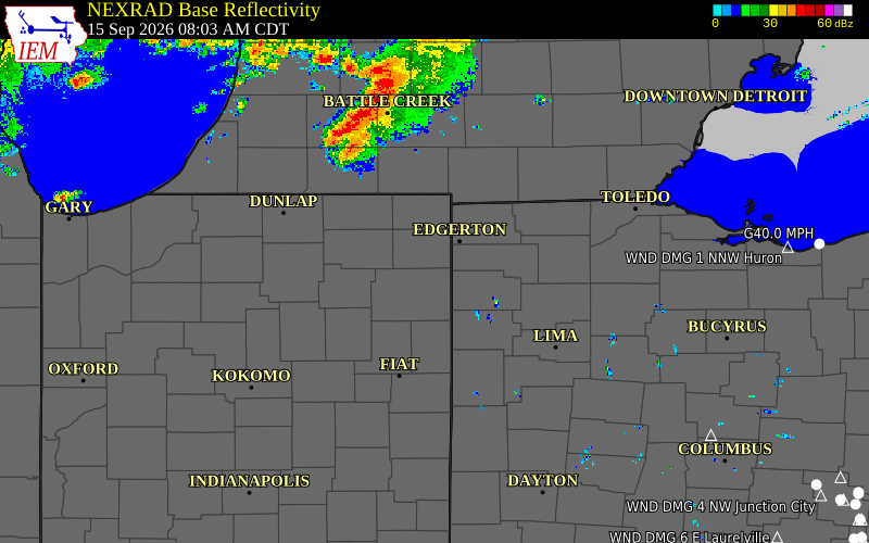 Current NEXRAD radar over Allen County, Indiana with recent storm report locations