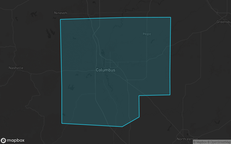 Map of Bartholomew County, Indiana showing the county boundary and surrounding cities