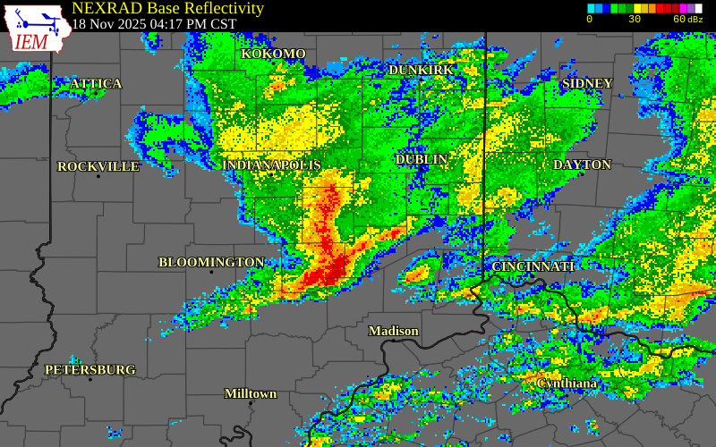 NEXRAD radar during the Tuesday, November 18, 2025 storm activity in Bartholomew County, Indiana