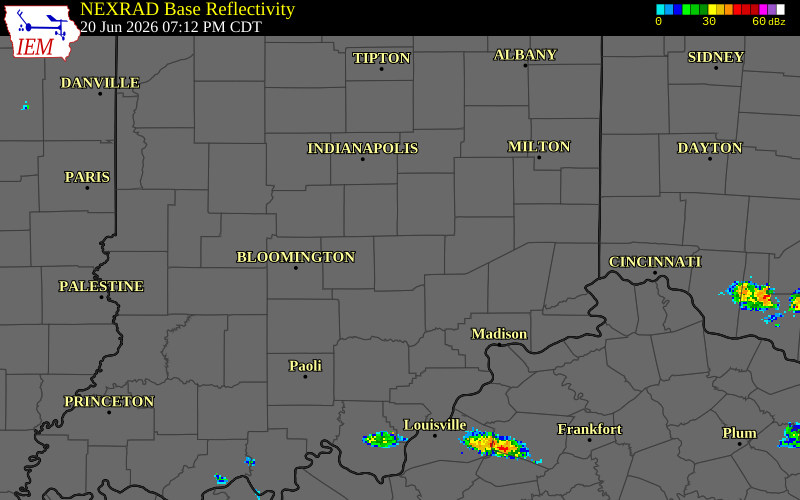 NEXRAD radar during the Saturday, June 20, 2026 storm activity in Bartholomew County, Indiana