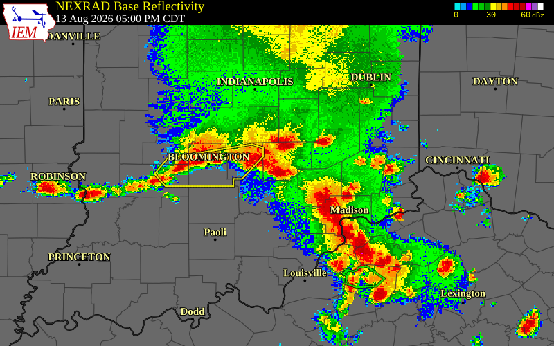 NEXRAD radar during the Thursday, August 13, 2026 storm activity in Bartholomew County, Indiana