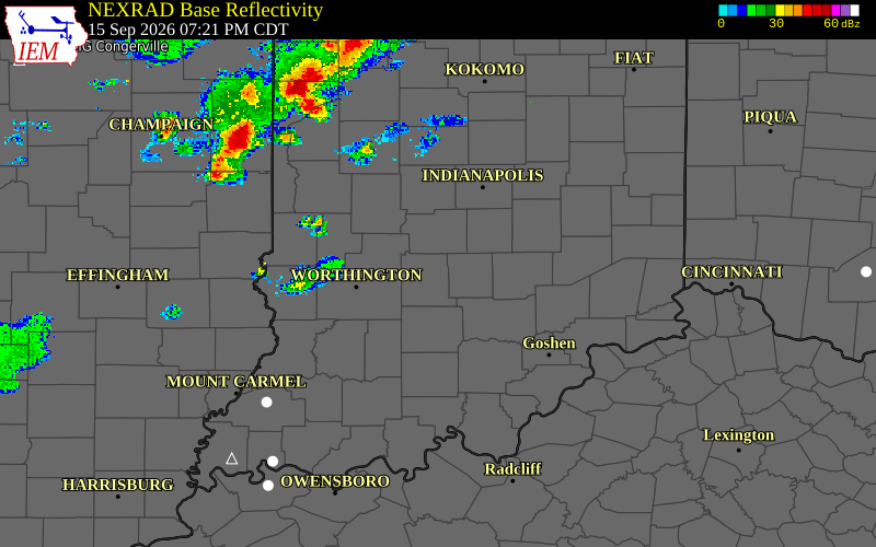 Current NEXRAD radar over Bartholomew County, Indiana with recent storm report locations