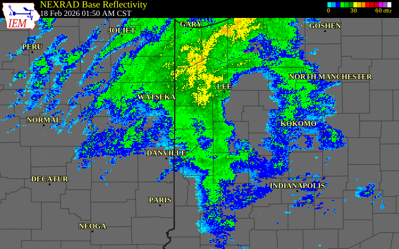 NEXRAD radar during the Wednesday, February 18, 2026 storm activity in Benton County, Indiana
