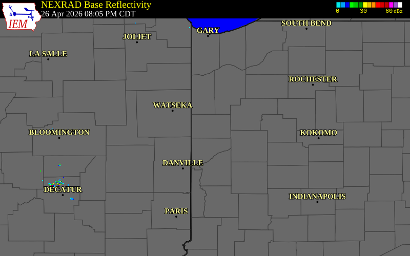 NEXRAD radar during the Sunday, April 26, 2026 storm activity in Benton County, Indiana