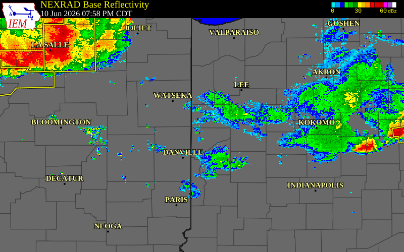 NEXRAD radar during the Wednesday, June 10, 2026 storm activity in Benton County, Indiana