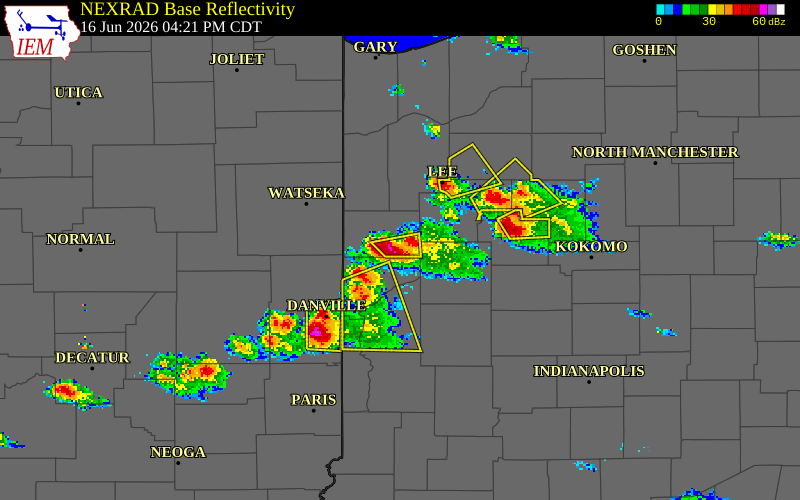NEXRAD radar during the Tuesday, June 16, 2026 storm activity in Benton County, Indiana