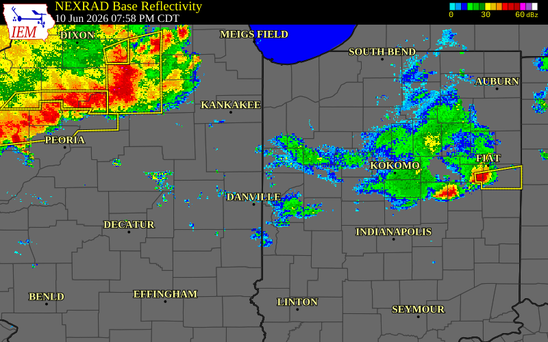 Radar snapshot during the Jun 10, 2026 tornado event near 2 SW Boswell, Benton County, Indiana, with NWS warning polygons