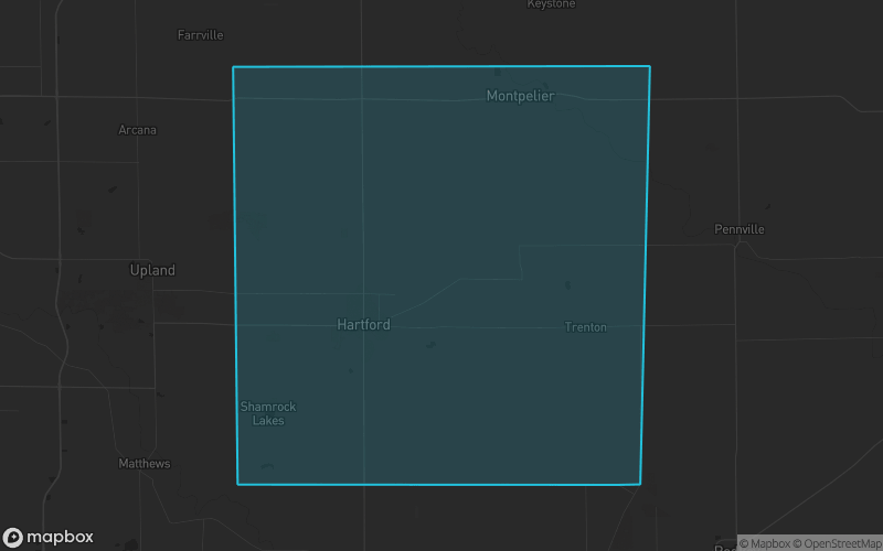 Map of Blackford County, Indiana showing the county boundary and surrounding cities