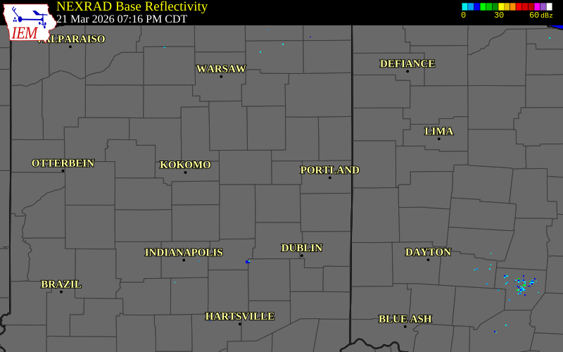 NEXRAD radar during the Saturday, March 21, 2026 storm activity in Blackford County, Indiana