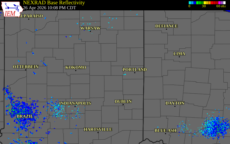 NEXRAD radar during the Sunday, April 26, 2026 storm activity in Blackford County, Indiana