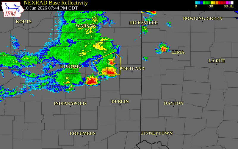NEXRAD radar during the Wednesday, June 10, 2026 storm activity in Blackford County, Indiana