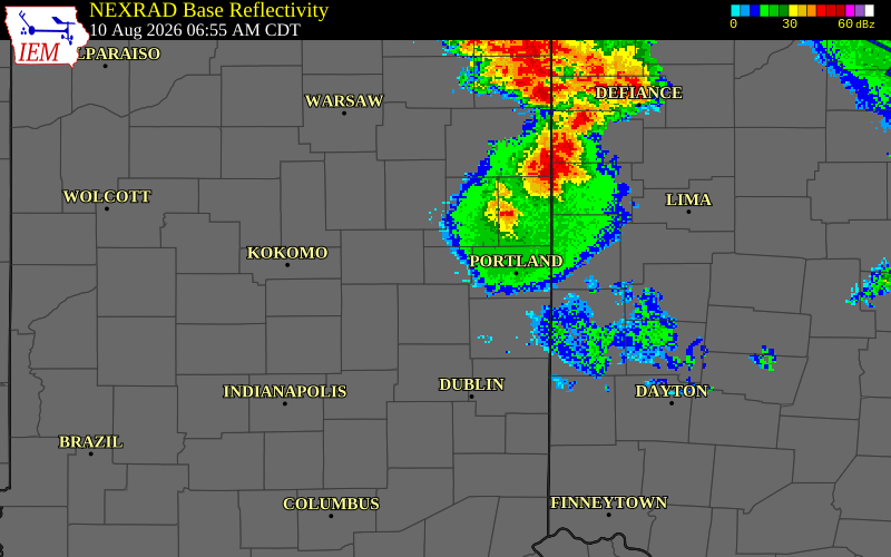 NEXRAD radar during the Monday, August 10, 2026 storm activity in Blackford County, Indiana
