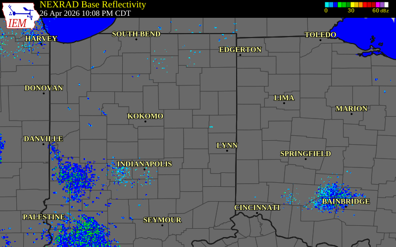 Radar snapshot during the Apr 26, 2026 wind event near Hartford City, Blackford County, Indiana, with NWS warning polygons