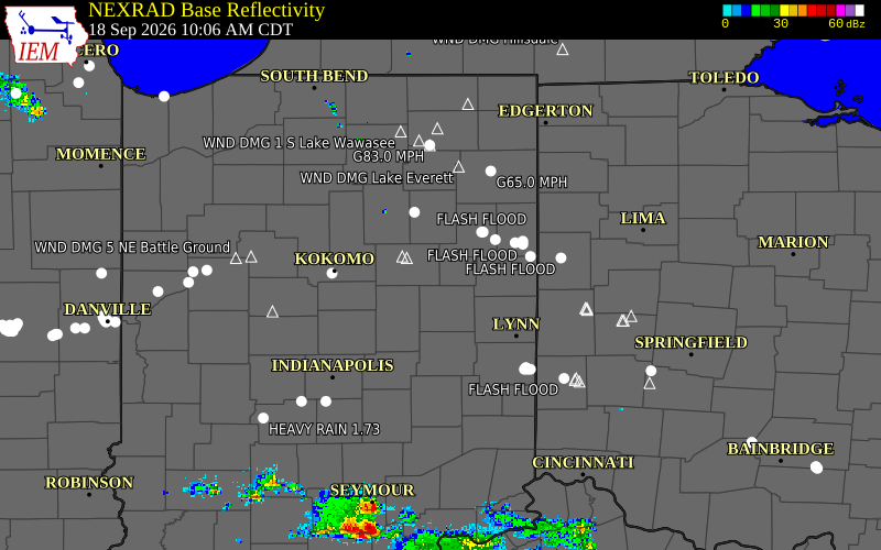 Current NEXRAD radar over Blackford County, Indiana with recent storm report locations