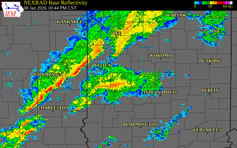 NEXRAD radar during the Thursday, January 8, 2026 storm activity in Boone County, Indiana