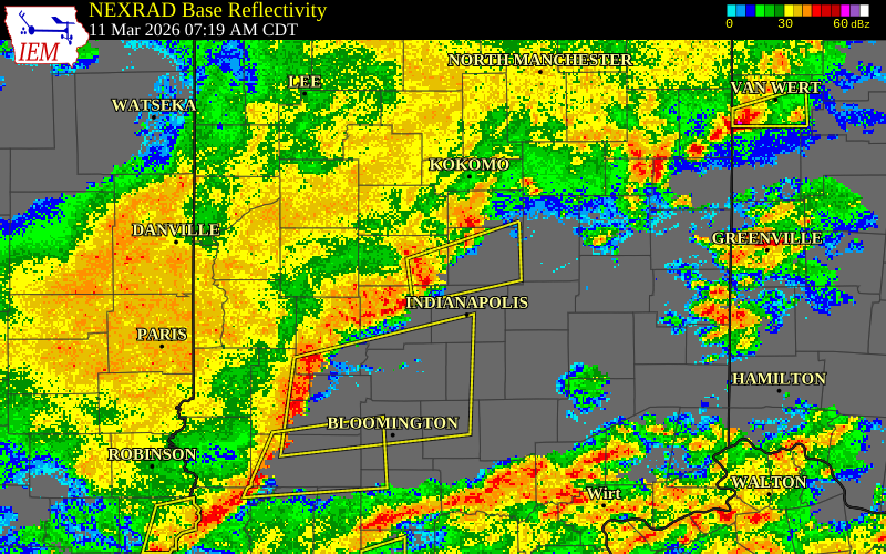 NEXRAD radar during the Wednesday, March 11, 2026 storm activity in Boone County, Indiana