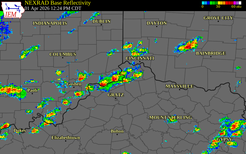 NEXRAD radar during the Wednesday, April 1, 2026 storm activity in Boone County, Indiana