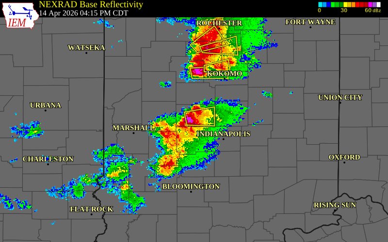 NEXRAD radar during the Tuesday, April 14, 2026 storm activity in Boone County, Indiana
