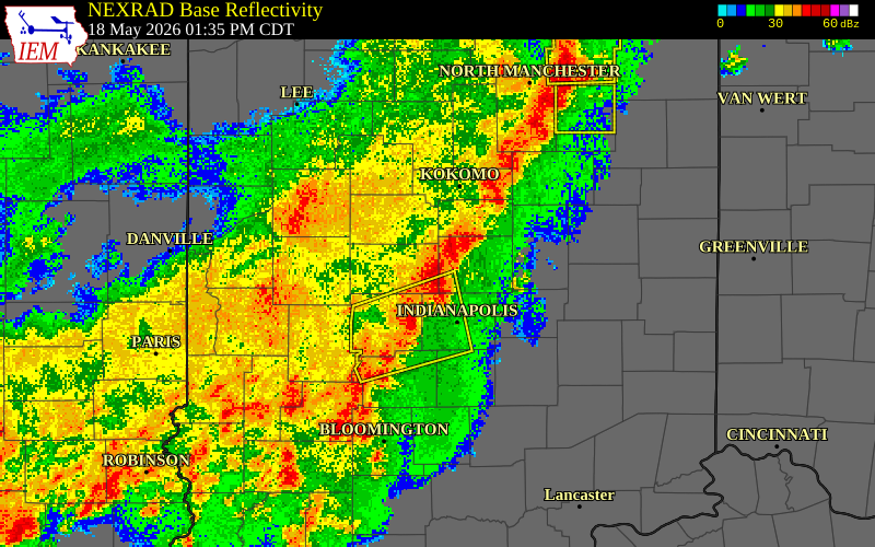 NEXRAD radar during the Monday, May 18, 2026 storm activity in Boone County, Indiana