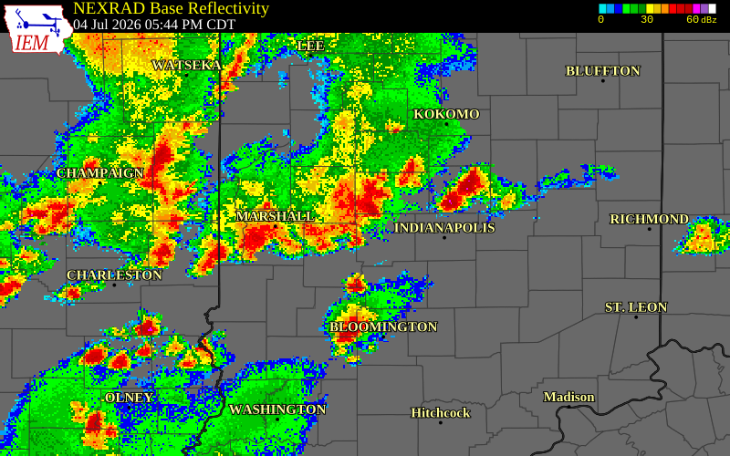 NEXRAD radar during the Saturday, July 4, 2026 storm activity in Boone County, Indiana