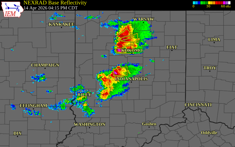Radar snapshot during the Apr 14, 2026 hail event near 4 S Lebanon, Boone County, Indiana, with NWS warning polygons